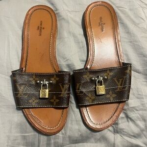 Louis Vuitton Monogram Brown Slides with Gold Lock